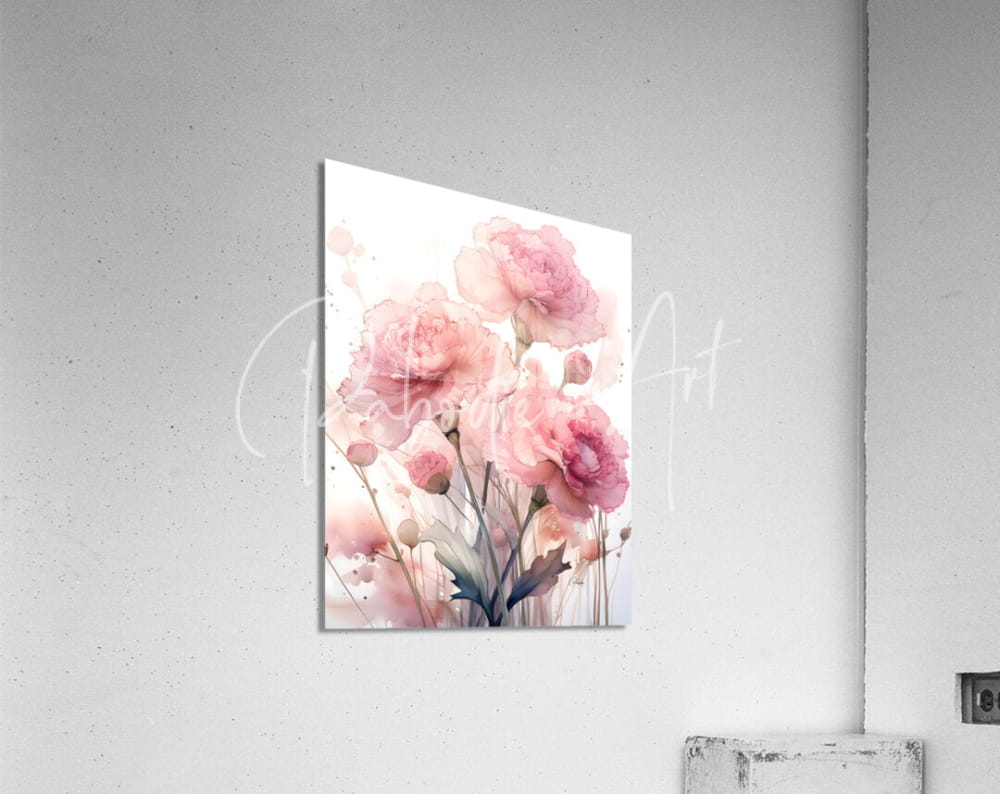 A delicate watercolor print of pink peonies on a white acrylic panel from the Carnations Ink Wash collection