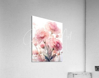 A delicate watercolor print of pink peonies on a white acrylic panel from the Carnations Ink Wash collection