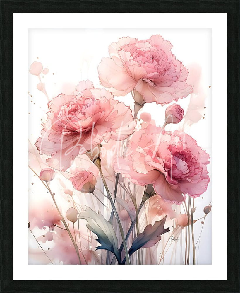A framed watercolor artwork titled carnations ink wash featuring delicate pink peonies with soft gradients and splatters