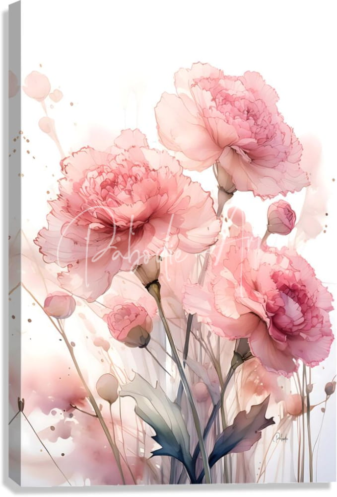 A delicate carnation ink wash watercolor canvas print featuring soft pink peonies with blush highlights and muted green stems