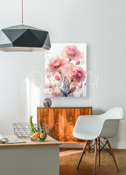 A framed canvas print titled carnations ink wash featuring soft pink peonies with delicate watercolor washes