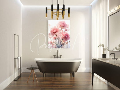 A modern freestanding bathtub with sleek black finish and slender legs in Carnations Ink Wash design