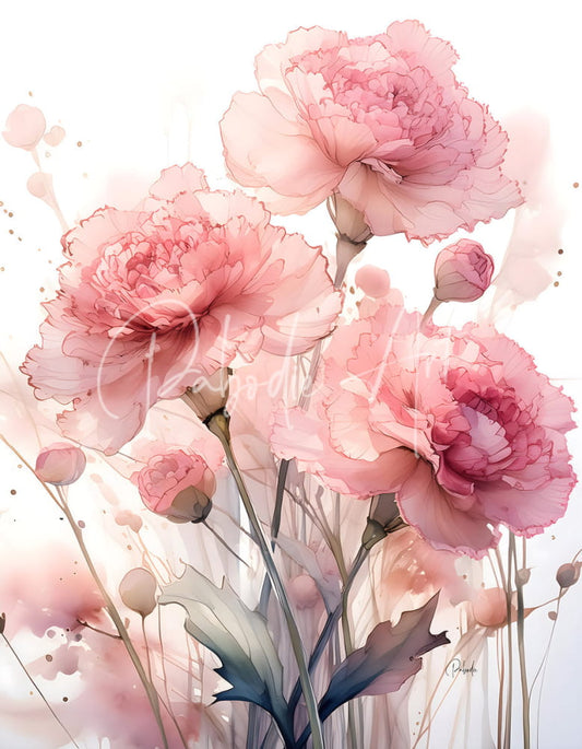 Delicate watercolor illustration of soft pink peonies with layered petals on slender stems in carnations ink wash design
