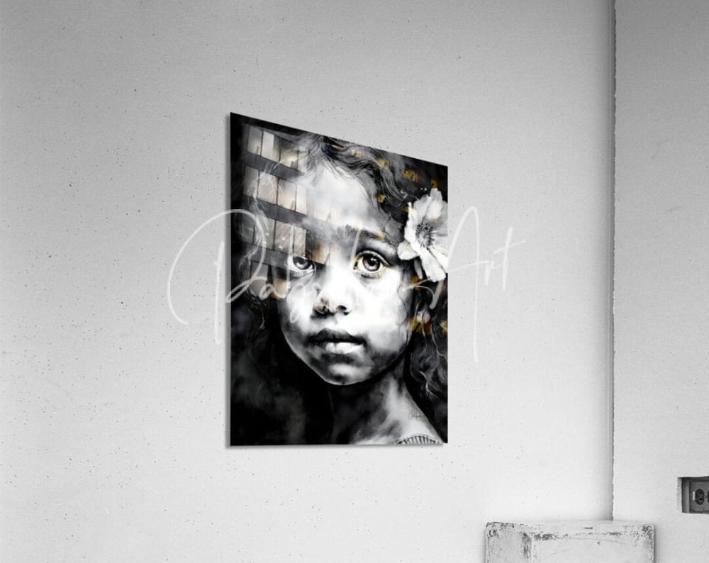 Black-and-white acrylic print chiara featuring a young girl with curly hair and a white flower mounted on a wall