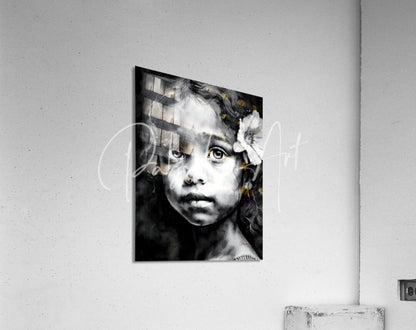 Black-and-white acrylic print chiara featuring a young girl with curly hair and a white flower mounted on a wall