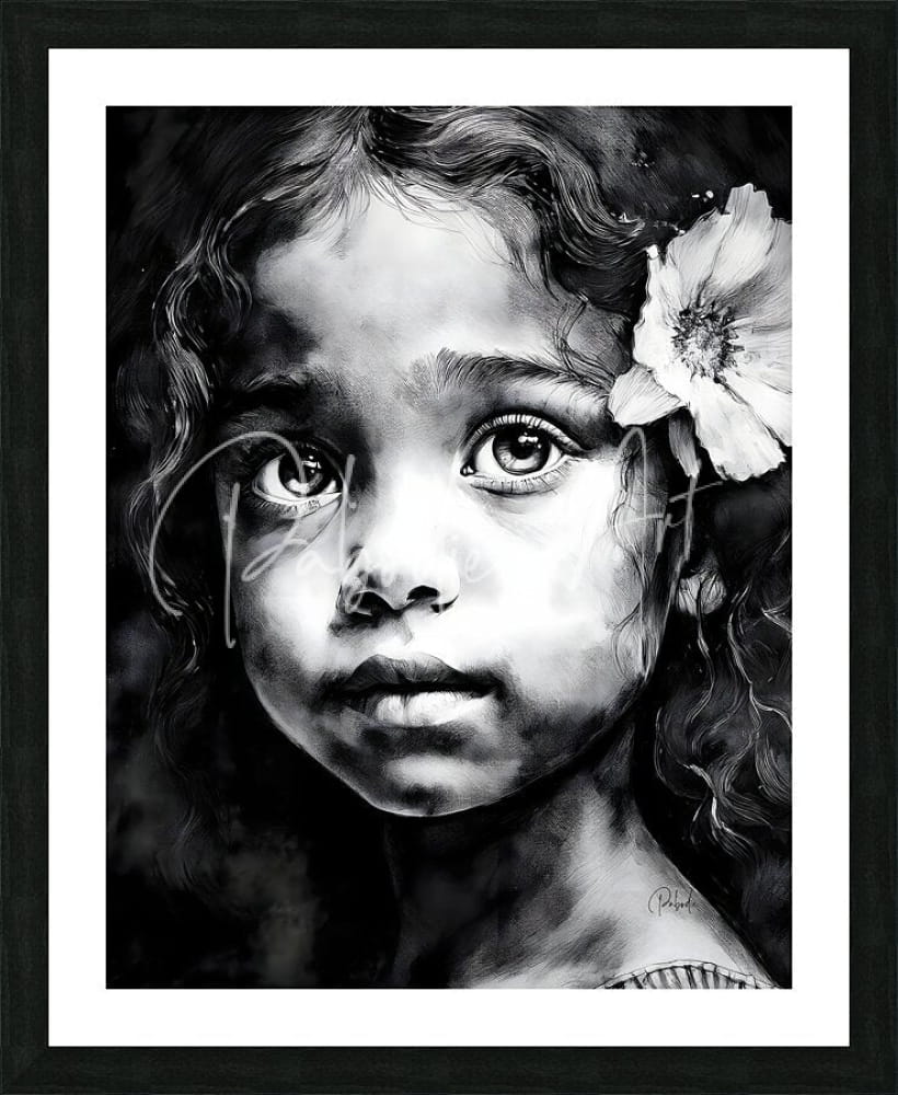 Black-and-white framed portrait of a young girl with curly hair and a flower in her ear titled Chiara
