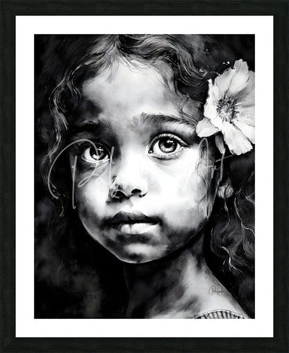 Black-and-white framed portrait of a young girl with curly hair and a flower in her ear titled Chiara