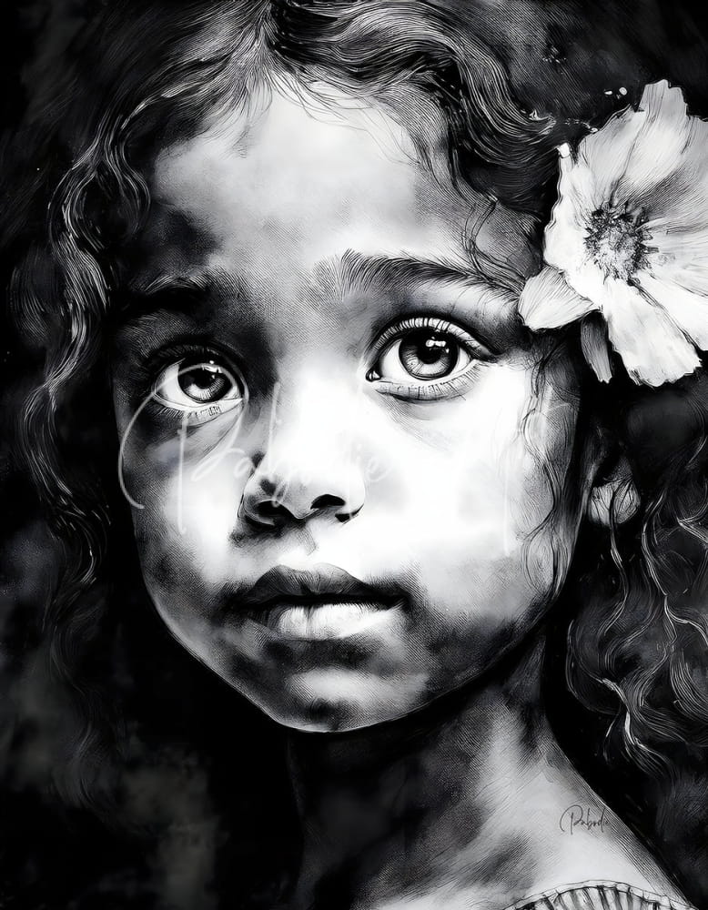 A detailed black and white portrait of a young girl with curly hair and tears streaming down her face in chiara