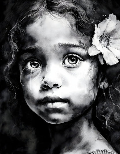 A detailed black and white portrait of a young girl with curly hair and tears streaming down her face in chiara