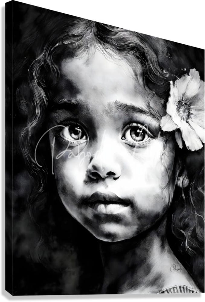 Black and white canvas painting chiara of a young girl with curly hair and a flower signed by artist pablo