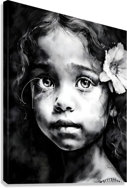 Black and white canvas painting chiara of a young girl with curly hair and a flower signed by artist pablo