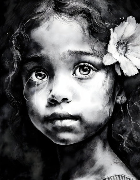 A detailed black and white portrait of chiara showing a young girl with curly hair and tears on her face