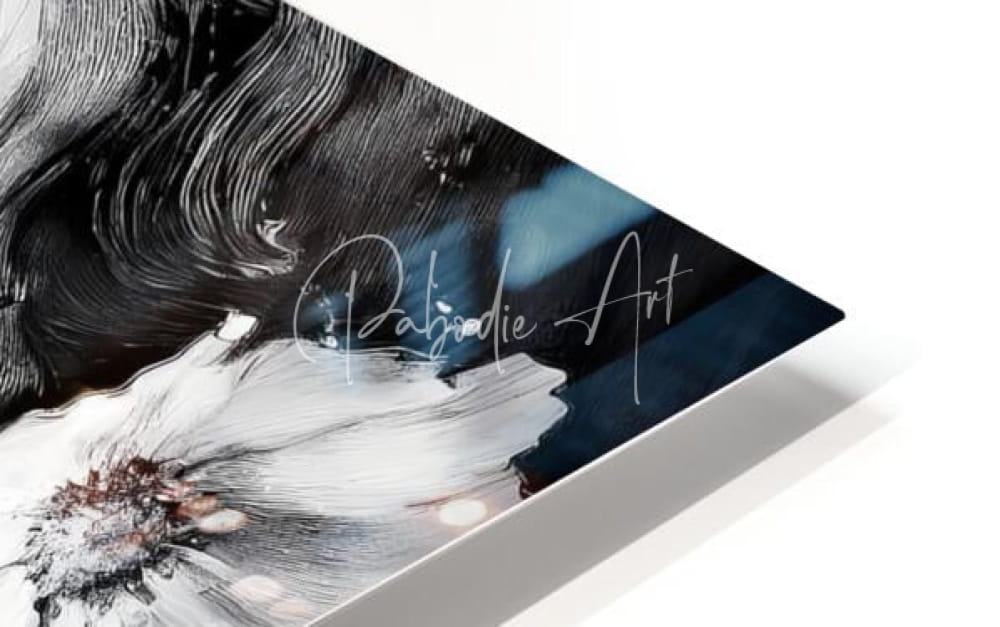 Abstract acrylic painting chiara with bold black white and deep blue brushstrokes and silver script signature
