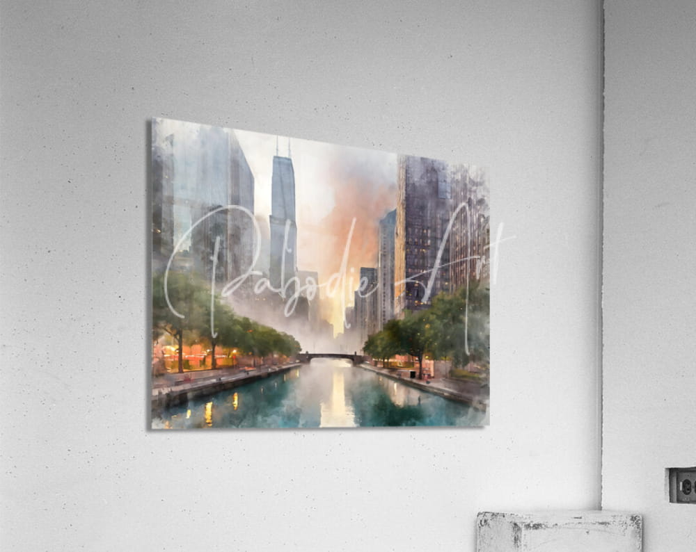 Watercolor-style canvas print of chicago riverwalk featuring city canal with tall buildings and warm light reflections