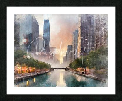 Framed watercolor painting of chicago riverwalk city skyline with tall buildings and warm orange and cool blue tones
