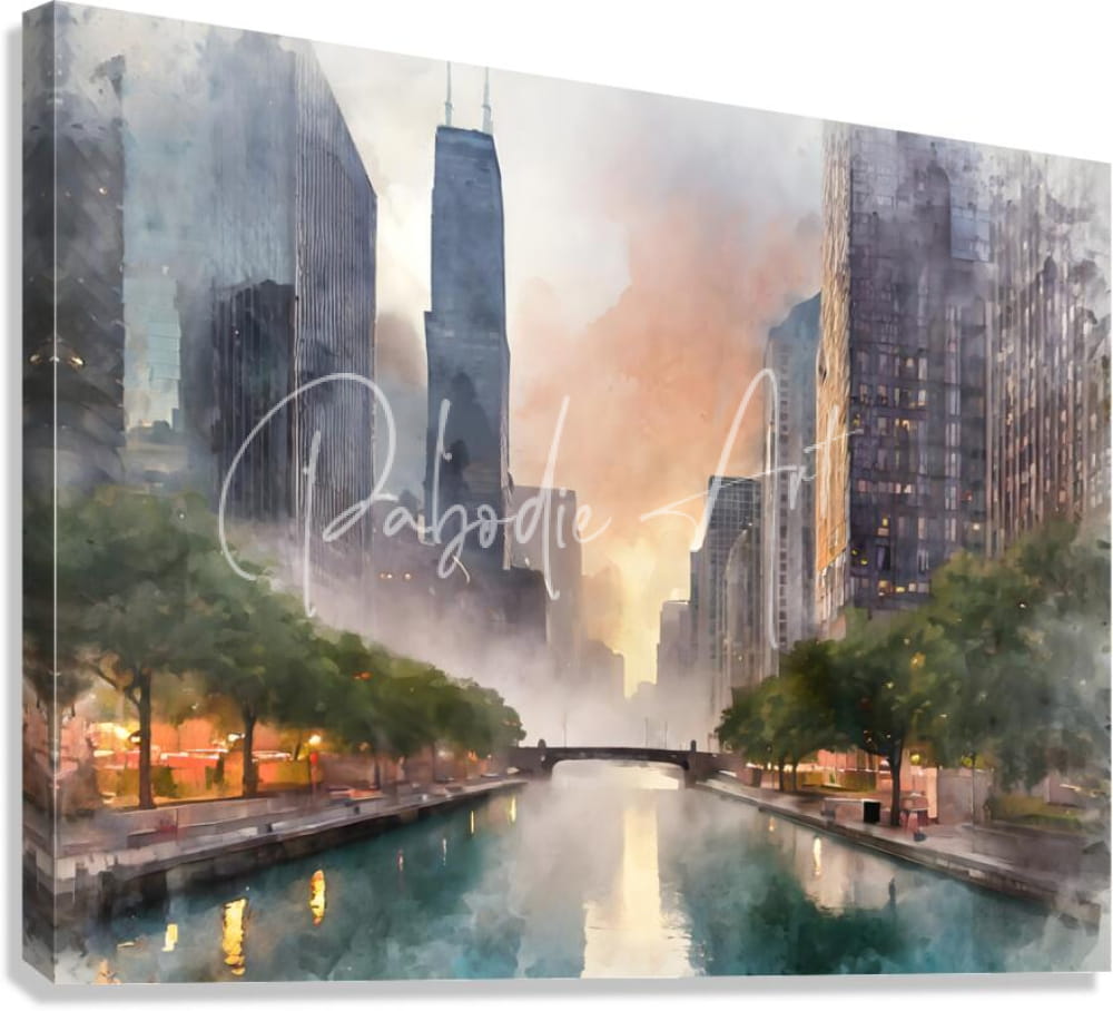 Watercolor-style canvas print of chicago riverwalk cityscape with tall buildings and canal in soft gray blue orange and green hues