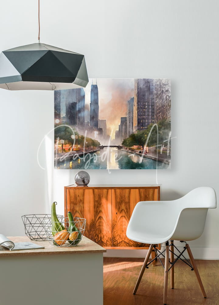 Watercolor cityscape canvas print of Chicago Riverwalk with tall skyscrapers and river on white wall