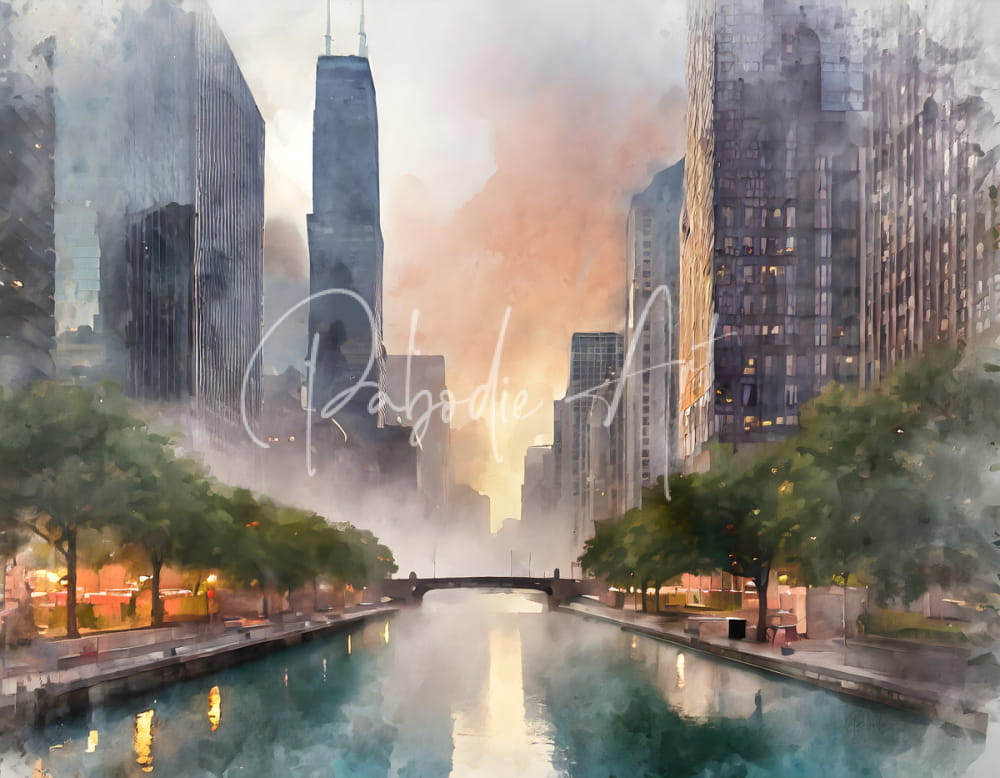 Watercolor painting of Chicago Riverwalk city skyline with tall buildings and canal at dawn in soft orange and gray hues