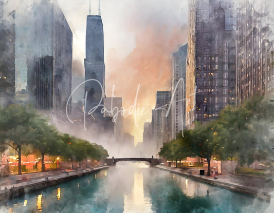 Watercolor painting of Chicago Riverwalk city skyline with tall buildings and canal at dawn in soft orange and gray hues