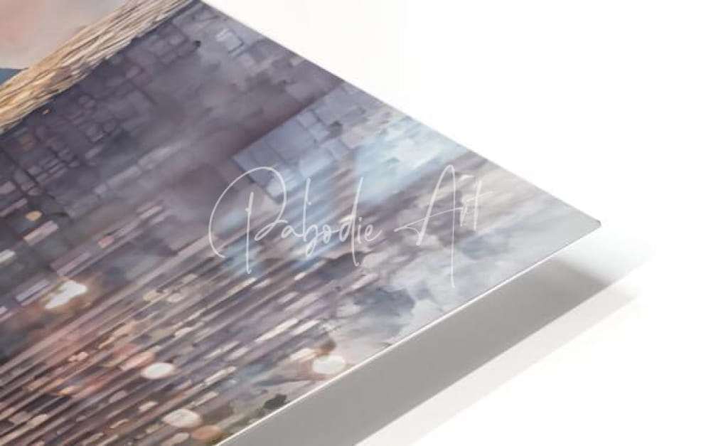 Acrylic print of chicago riverwalk cityscape in muted blues and grays with watercolor style and white cursive signature