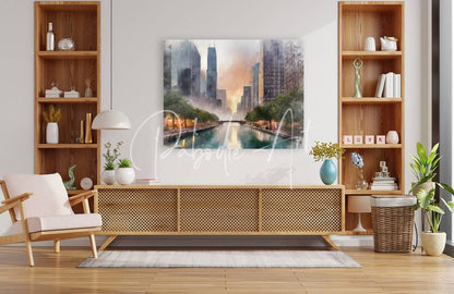 Watercolor cityscape painting of chicago riverwalk with tall skyscrapers river reflections and soft orange gray hues