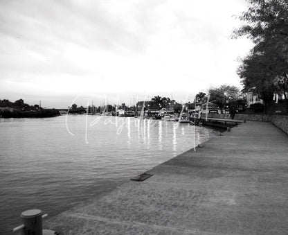 Black and white photo titled cloudy dawn showing a waterfront dock with boats trees and distant buildings