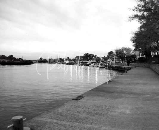 Black and white photo titled cloudy dawn showing a waterfront dock with boats trees and distant buildings