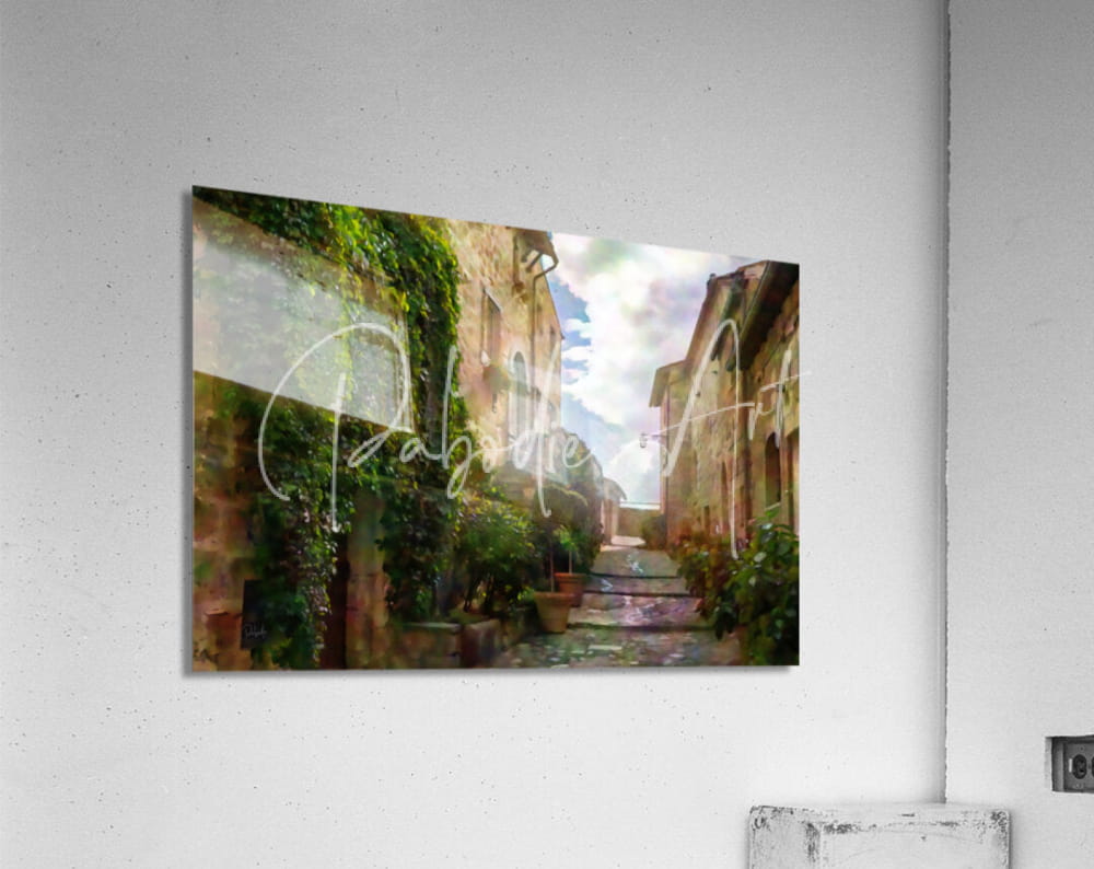 Rectangular acrylic print of a sunlit european alleyway with ivy covered stone walls and potted plants in watercolor style