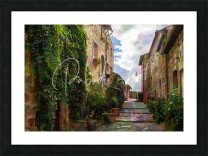 Black-framed art print titled cobblestone steps and stones to the sky showing sunlit cobblestone alley with ivy stone buildings