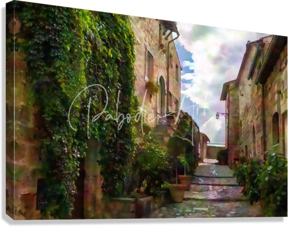 A framed canvas print of sunlit european alleyway with stone buildings and green ivy titled cobblestone steps and stones to the sky