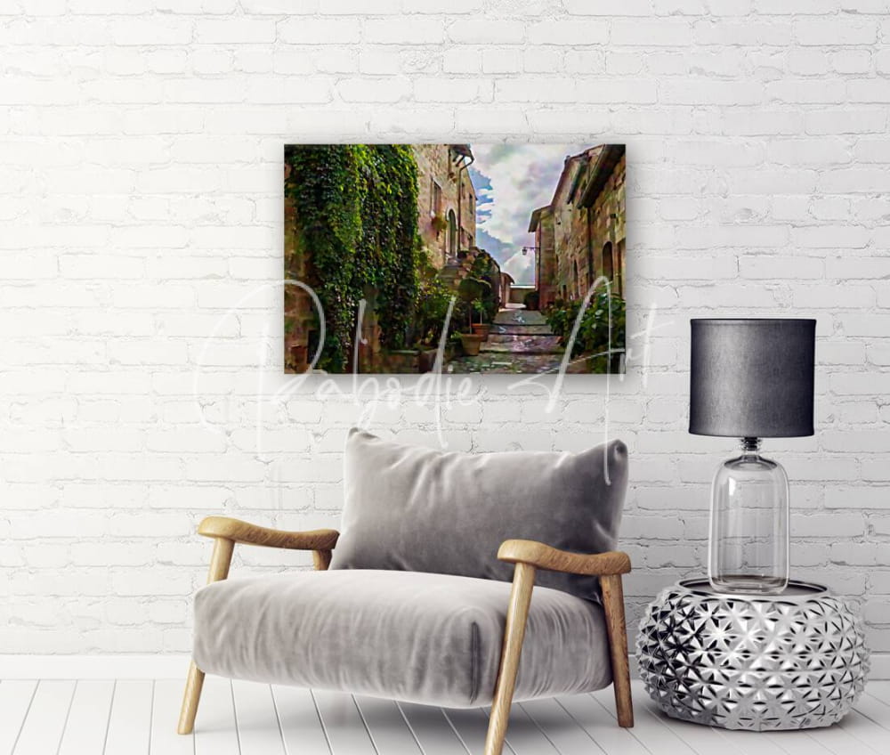 A rectangular canvas print titled cobblestone steps and stones to the sky showing a sunlit ivy-covered cobblestone alleyway