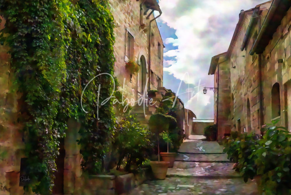 A charming cobblestone steps and stones pathway lined with ivy-covered stone buildings under a partly cloudy sky
