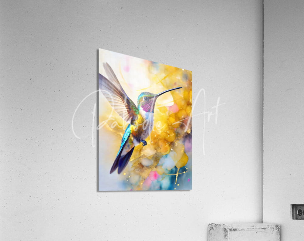 Vibrant colorful hummingbird watercolor artwork on a sleek acrylic panel for decorative display