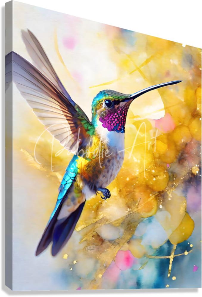 Colorful hummingbird vibrant canvas print with iridescent green purple and blue feathers on soft watercolor background