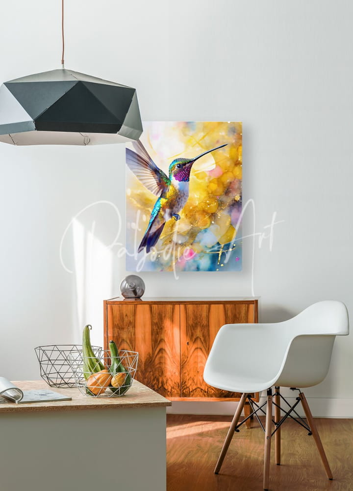 Colorful hummingbird vibrant watercolor canvas art with iridescent green purple and blue feathers on soft yellow pink background