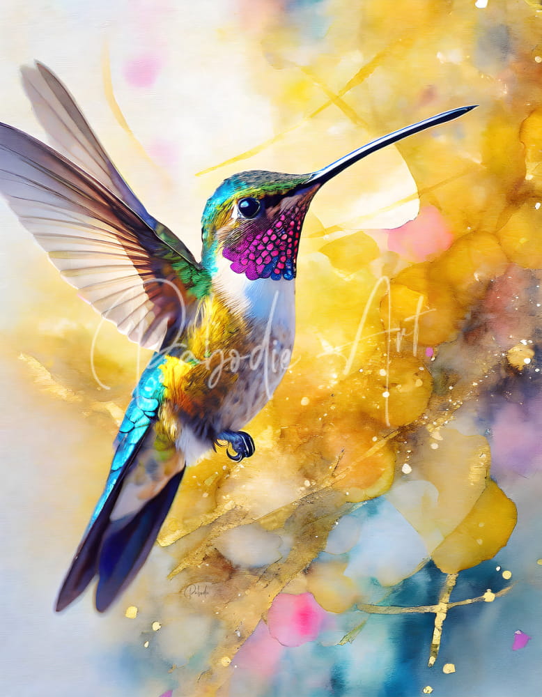A colorful hummingbird with iridescent feathers and a purple throat perched against a vibrant watercolor background