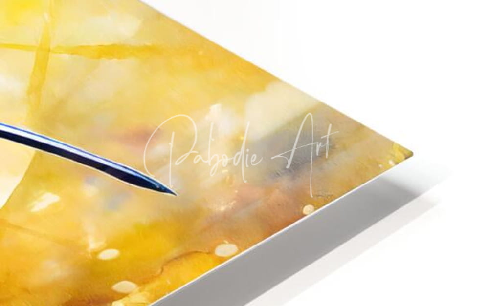 A sleek triangular canvas print featuring a vibrant yellow and gold watercolor design titled colorful hummingbird