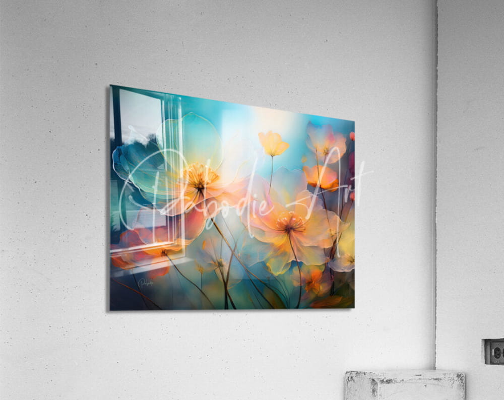 A vibrant acrylic print titled come the colors of spring featuring soft-focus yellow and orange flowers on a blue background