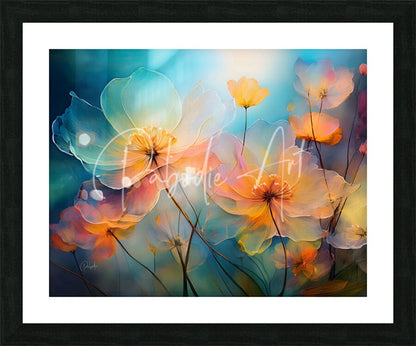 A framed abstract floral artwork titled come the colors of spring featuring translucent peach orange and teal blossoms on blue