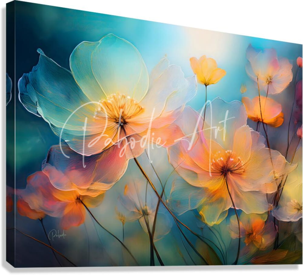A vibrant canvas print titled come the colors of spring featuring translucent watercolor flowers in teal orange and pink