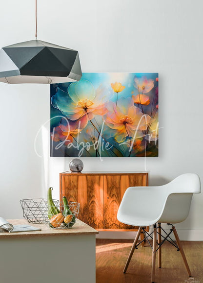 Come the colors of spring vibrant abstract floral canvas print with pastel blue orange and pink hues on gradient background