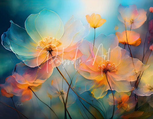 A vibrant digital painting of pastel blue peach and yellow translucent flowers on teal background in come the colors of spring