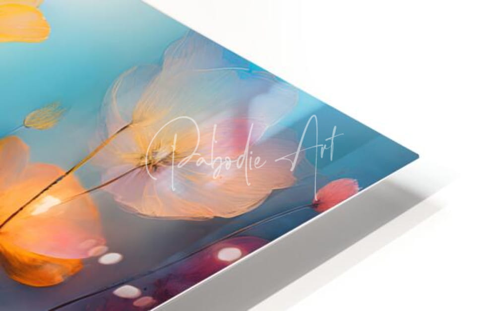 A vibrant watercolor floral art print featuring soft orange and pink blossoms on a modern floating canvas