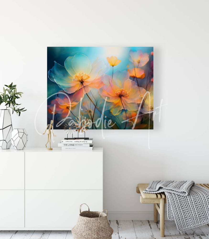 Come the colors of spring vibrant abstract floral canvas painting with pastel peach orange and teal blossoms
