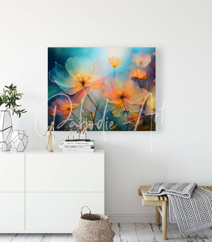 Come the colors of spring vibrant abstract floral canvas painting with pastel peach orange and teal blossoms
