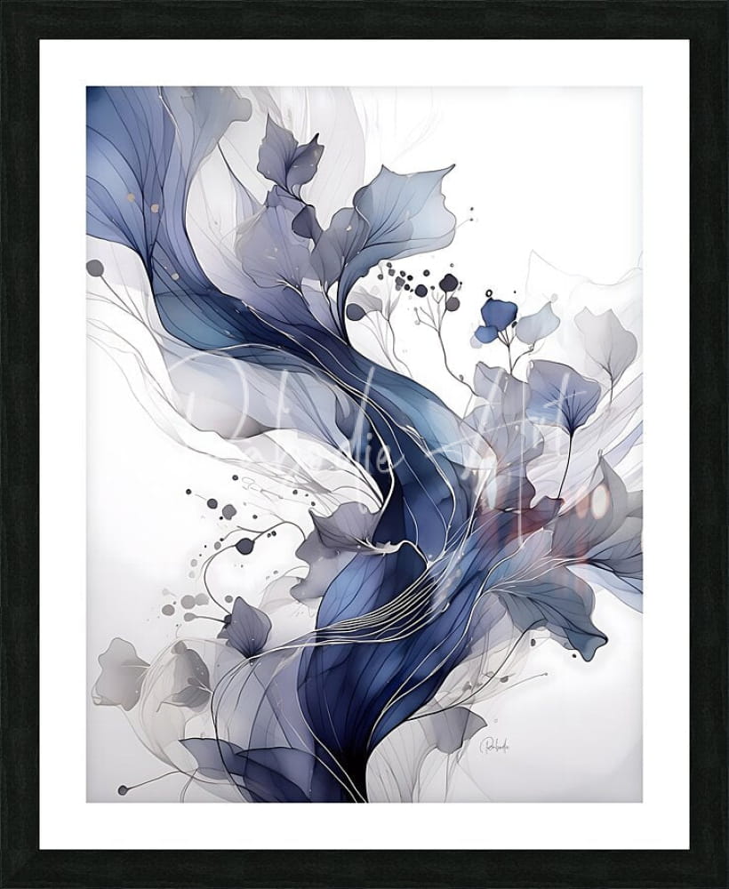 A framed abstract floral artwork titled contemporary flows IV featuring flowing blue and gray leaves with black dots