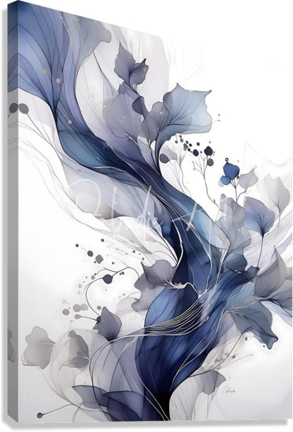 A contemporary flows iv canvas painting with flowing blue and gray leaf forms black dots and wispy white accents