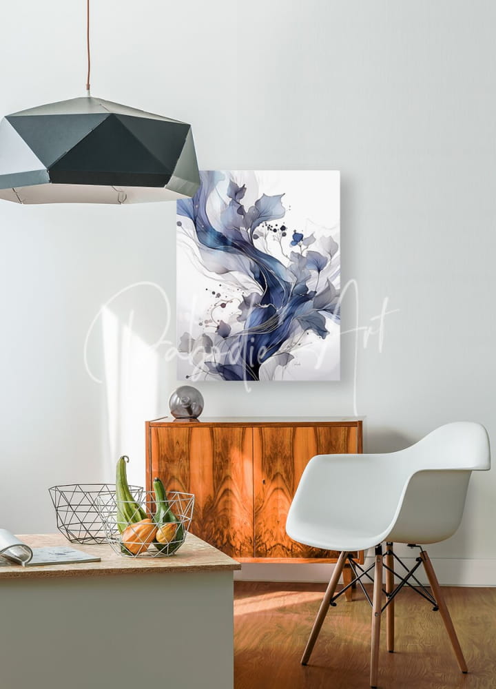 A contemporary flows iv modern abstract painting with flowing blue and gray brushstrokes on white canvas in elegant interior