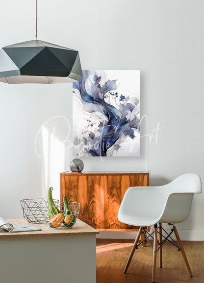 A contemporary flows iv modern abstract painting with flowing blue and gray brushstrokes on white canvas in elegant interior
