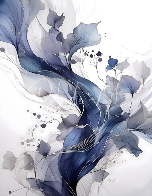 Contemporary flows IV elegant abstract floral artwork with flowing blue and gray leaves and white outlines on soft background